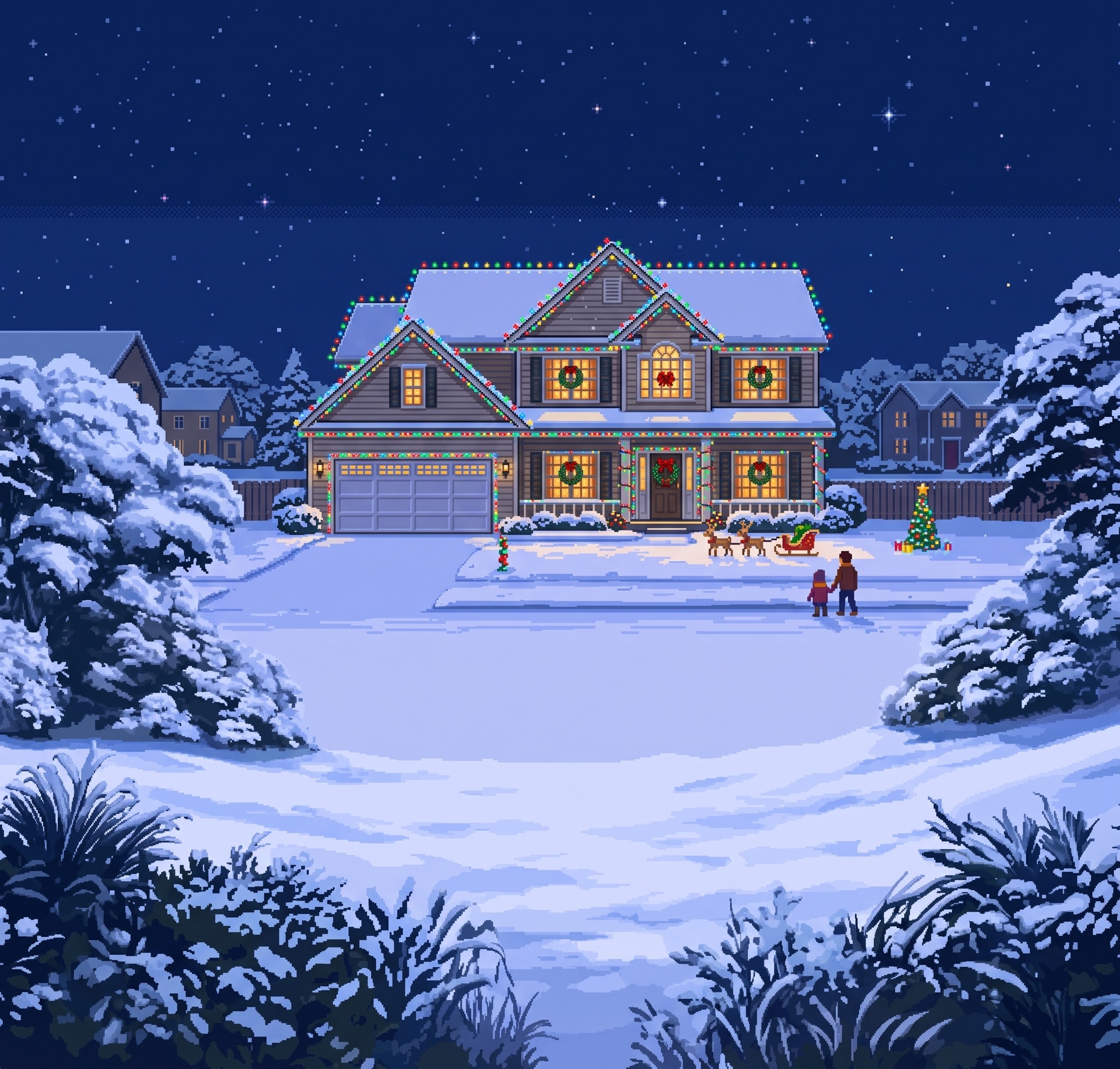 Pixel illustration of a home lit for Christmas