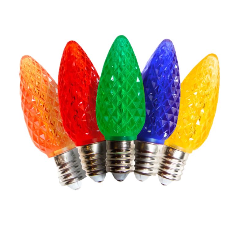Five faceted C9 bulbs in orange, red, green, blue, and yellow
