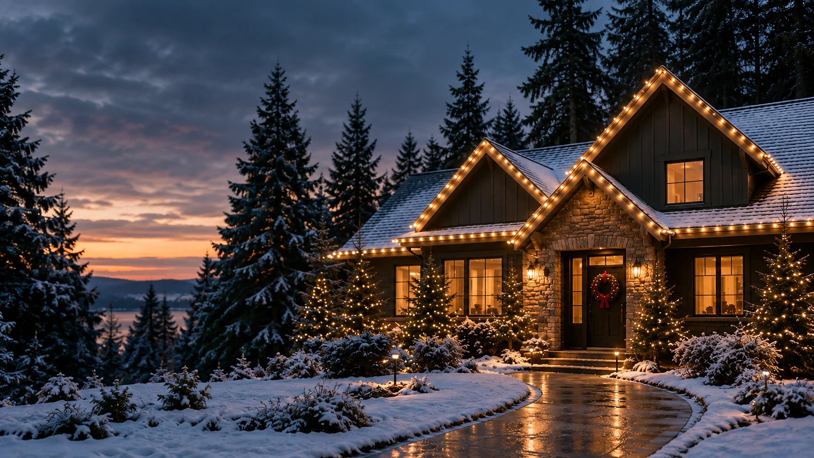 A snow-covered home outlined in warm white holiday lights at dusk